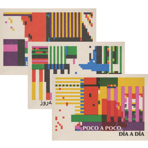 Colorful geometric patterned postcards on a white background