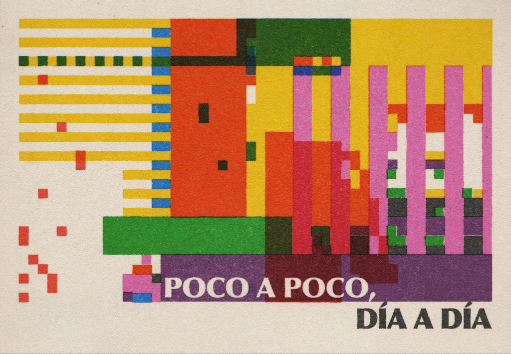Colorful abstract design with text 'Poco a Poco, Dia a Dia' on a beige background