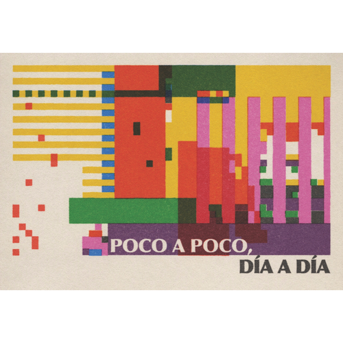 Colorful geometric design with text 'Poco a Poco, Dia a Dia' on a beige background